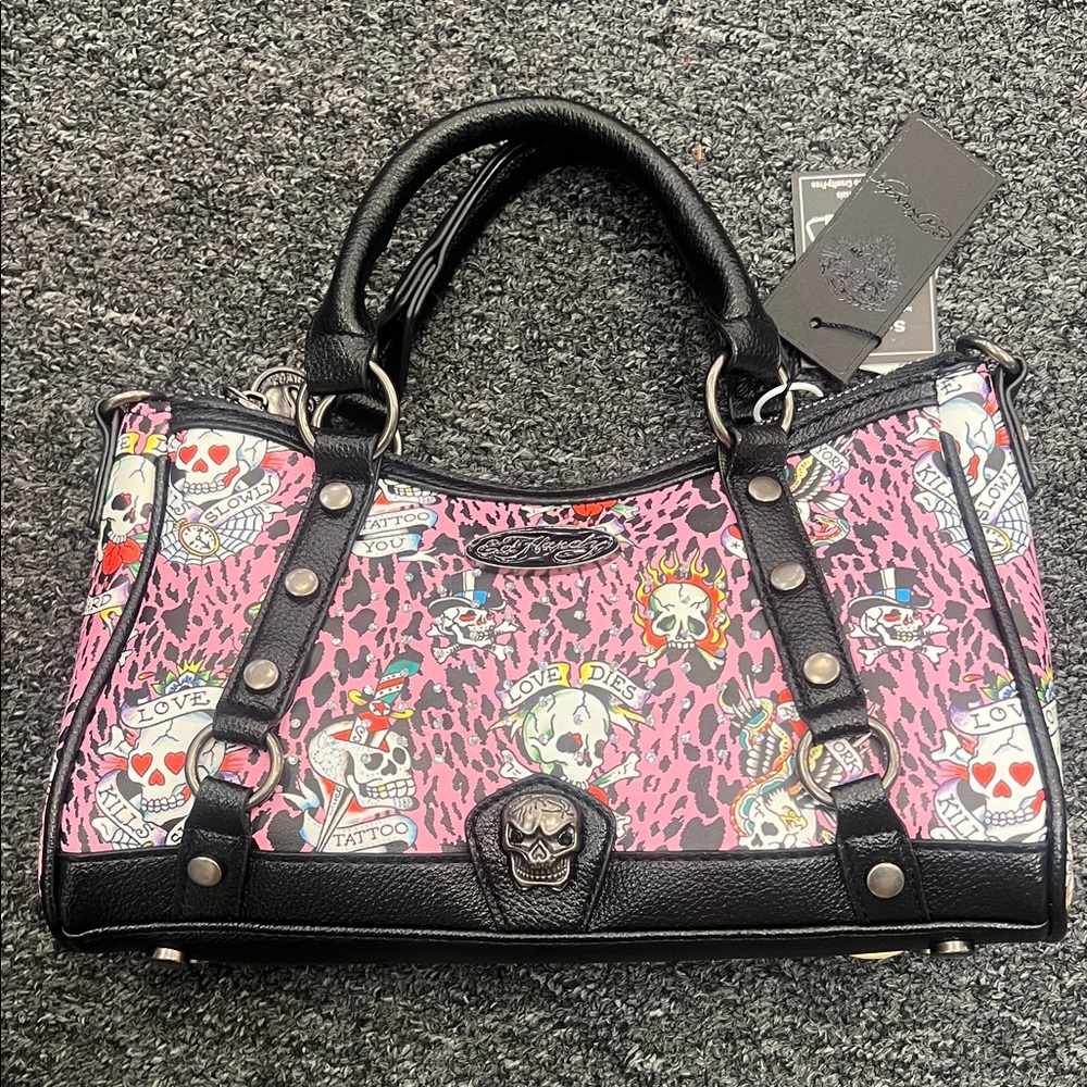 Ed Hardy Pink and Black Skull Satchel